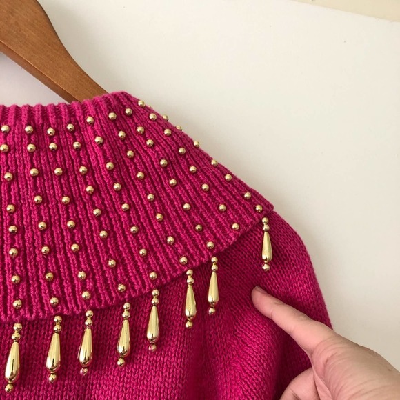 Vintage 80s Barbie Hot Pink Sweater Gold Embellished Tassels Cervelle Large - Picture 8 of 9